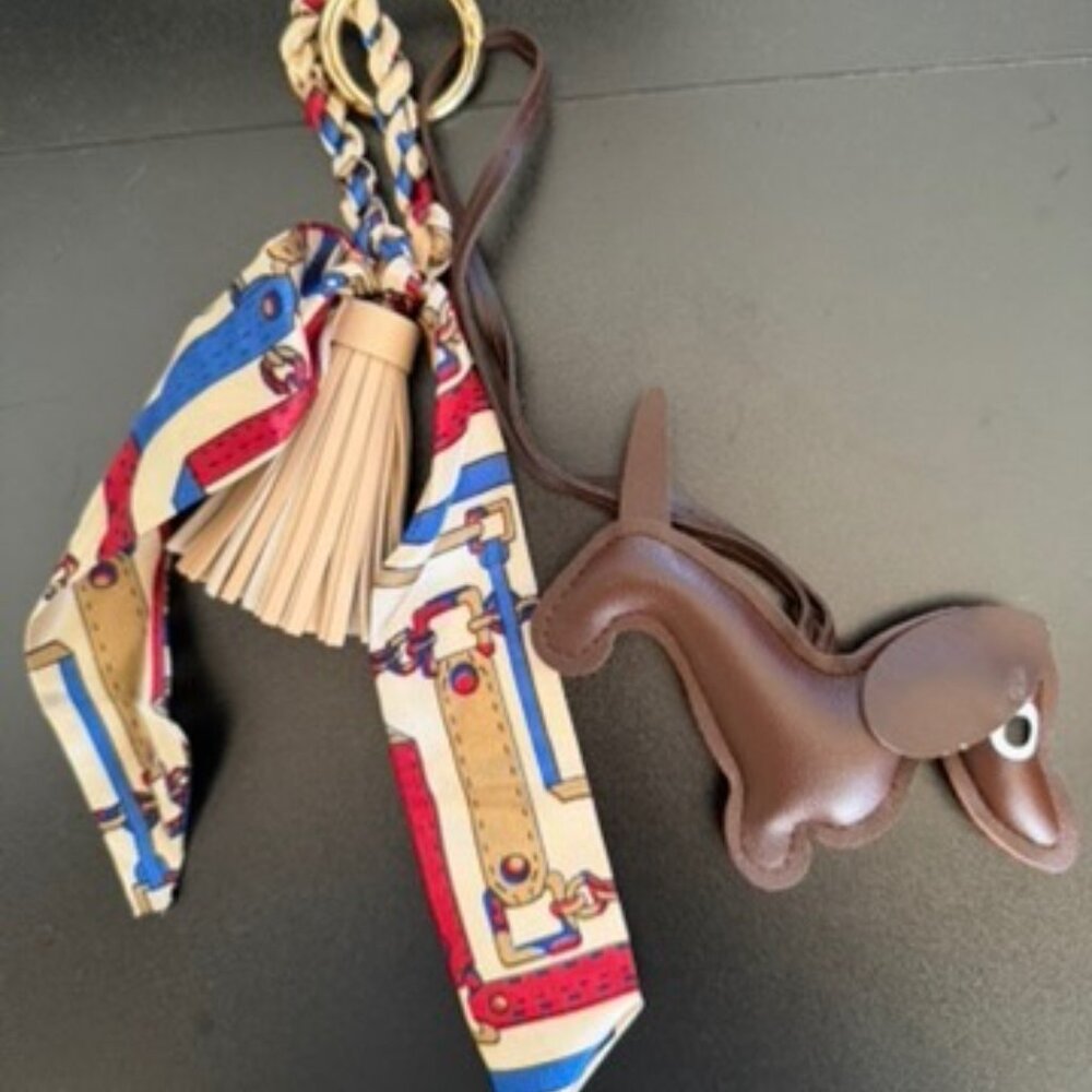 Brown Leather Dog Tassel Keychain with Scarf Accent